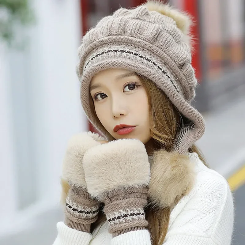 Women Girls Hat Gloves Set Keep Warm Knitted Fur Ball Decoration Cute Fashion Beanies Glove 2 Pieces Set For Winter