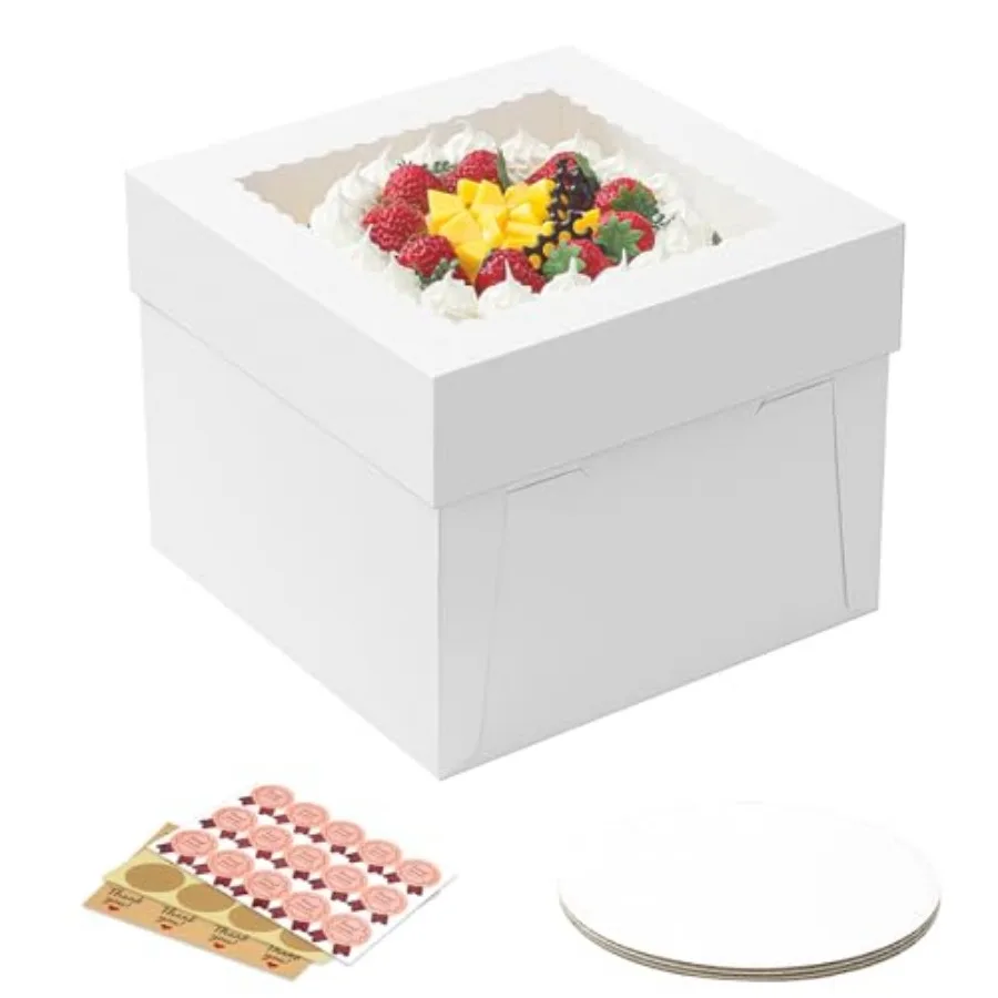 

3 Pack Cake Boxes, xx8 Inch Tall Cake Box with Cake Boards, White Bakery Boxes with Window, Disposable Cake Containers with Lid