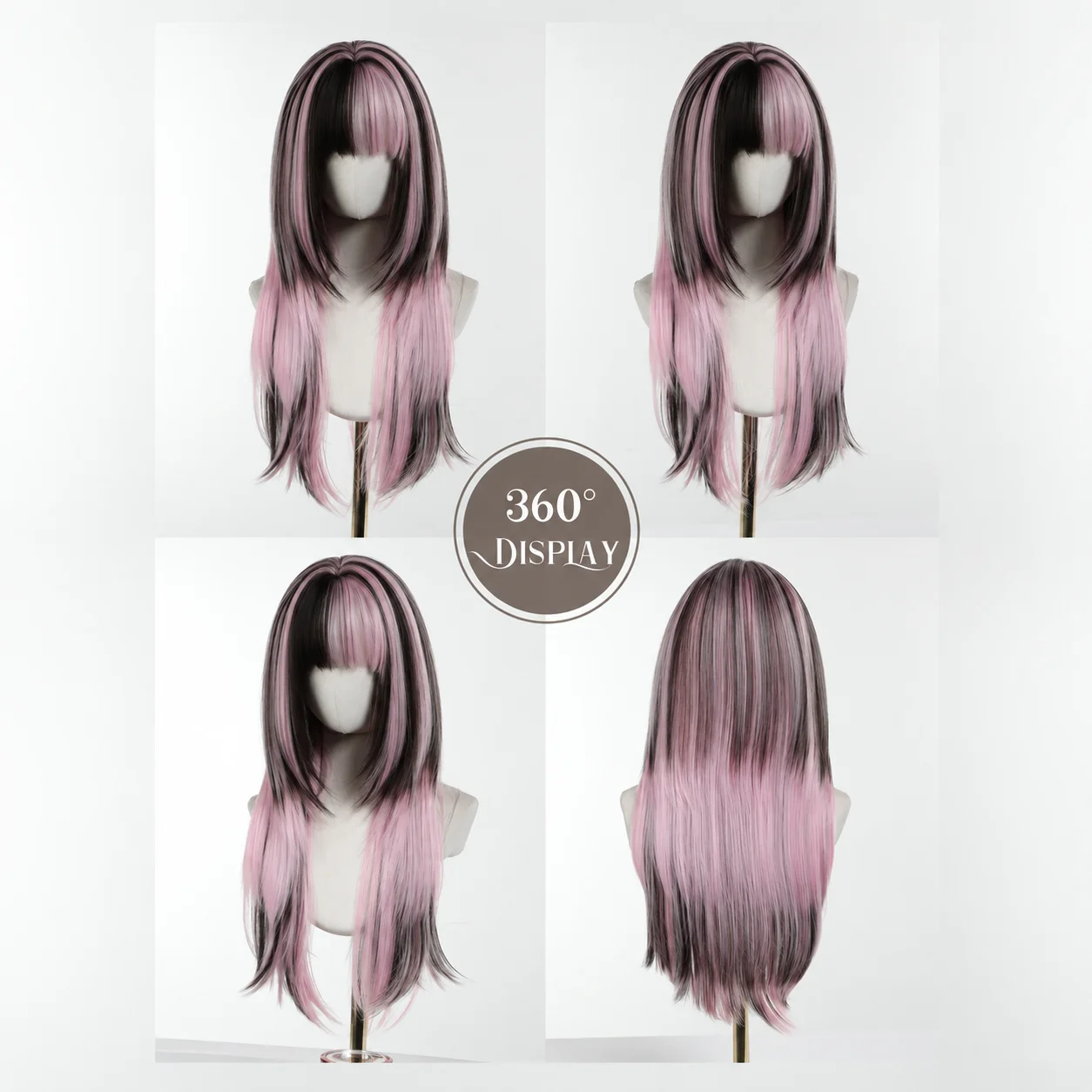 LOUIS FERRE Long Straight Wig with Bangs Black Pink Highlight Synthetic Wig for Women Y2K Gothic Cosplay Halloween Party Wig