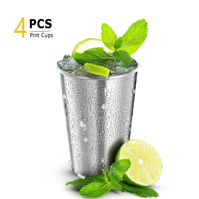 4Pcs Stainless Steel Cups Beer Pint Cup Tumblers Cold Drink Iced Tea Coffee Mug Stackable Outdoor Water Cups Home Bar Sets 500ML