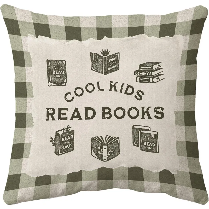 2D Flat Printing 1pc, Home Décor Products Throw Pillow Case, Voatok Reading Room Pillow Cover, Green Gingham Cool Read Books Decorative Throw Pillow Cover, Decorations for Room, Bedroom, Library, Reading Corner, Nook, Classroom Decor, 2D Flat