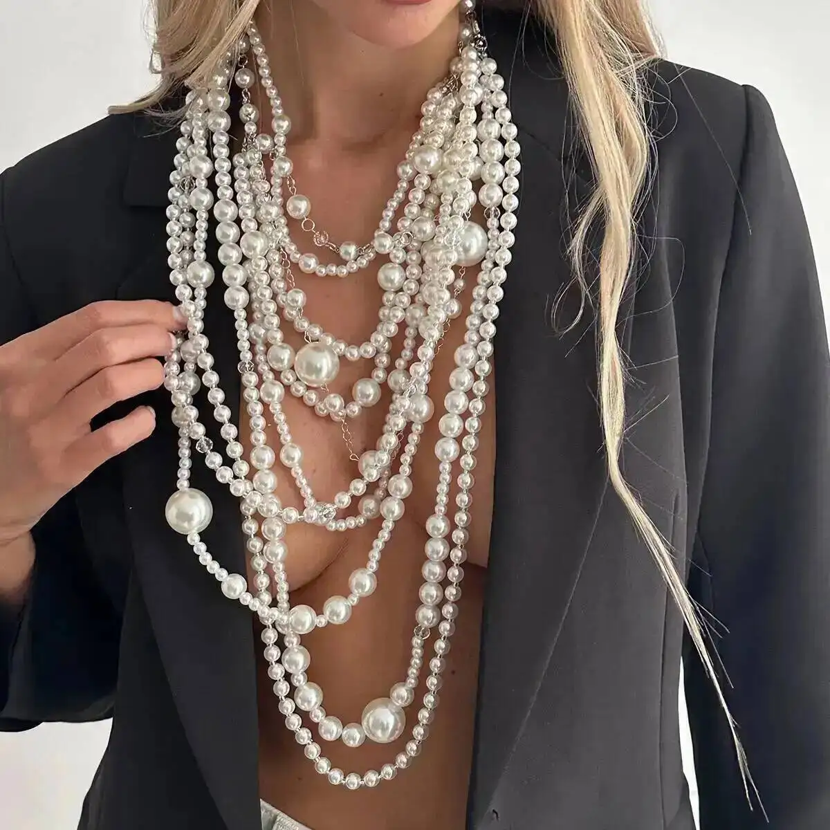 KunJoe Übertriebene mehrschichtige Imitation Perle Halsband Halskette Frauen Luxus Lange Quaste Anhänger Pullover Kette Braut Mi Schmuck – Detail 4