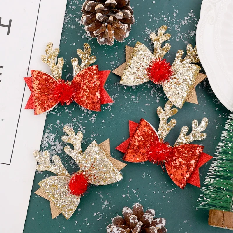 New Christmas Hair Clips for Women kids Cute Antlers Hairpins Glitter Gold Red Bow Hair Clip Girl Hair Accessories Headwear Gift