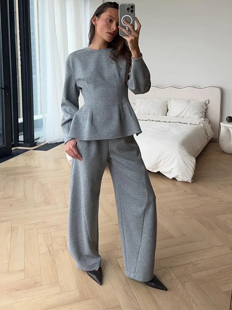 Women's Top Pant Suits O-Neck Full Sleeve Waist-Closed Pleated Female T-shirt Wide Leg Pants 2026 Autumn Chic 2 Pieces Set