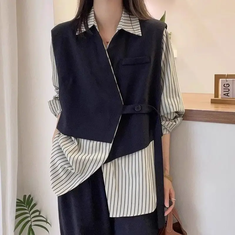 

Spring New Fake Two Pieces Blouse Women POLO Collar Long Sleeve Pullovers Elegant Striped Patchwork Loose Tops JJ726