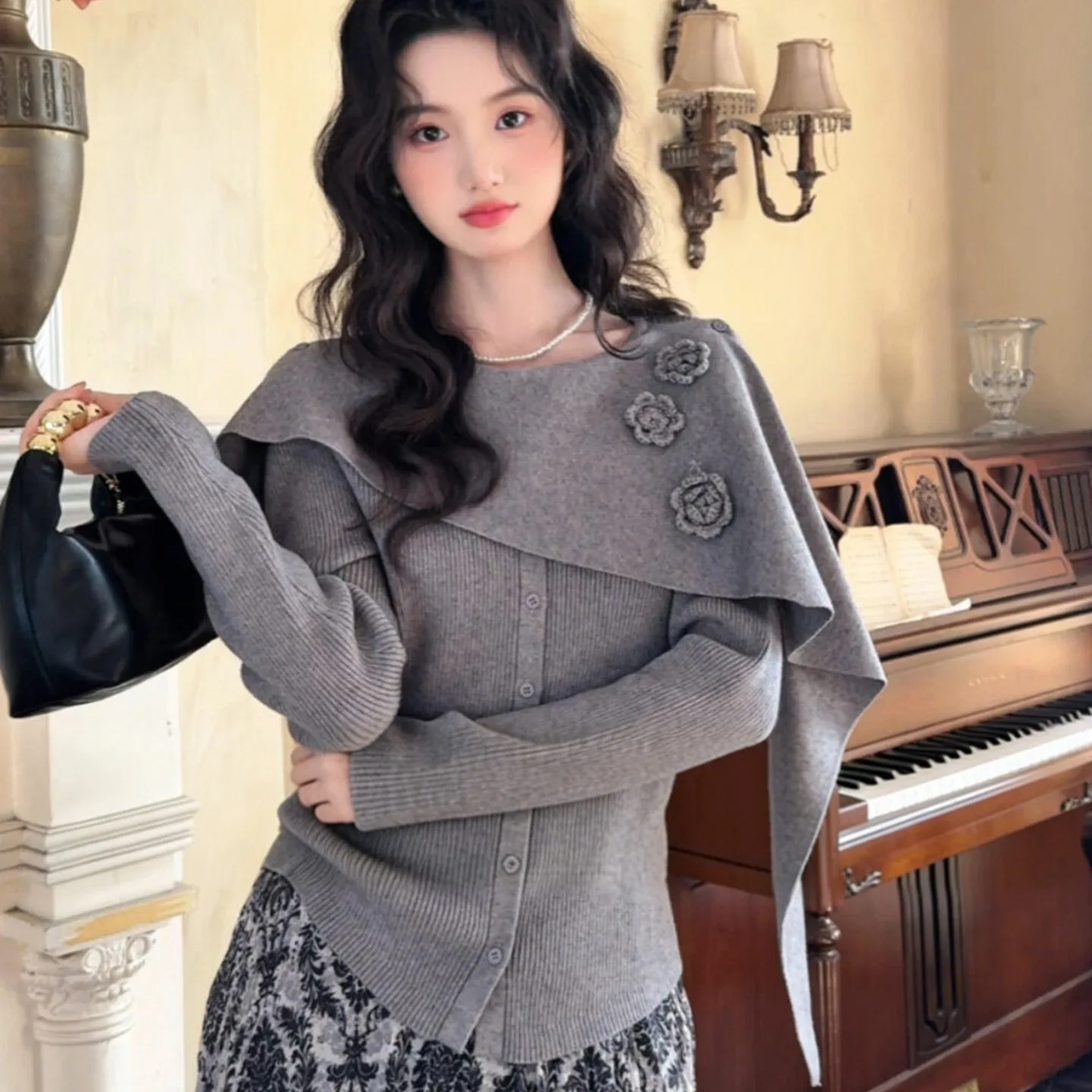 

Ele Unique Knitted Dr Set for Women Spring 2026 Floral Long Skirt Casual Sle Breathable Medium Thin Long Sve