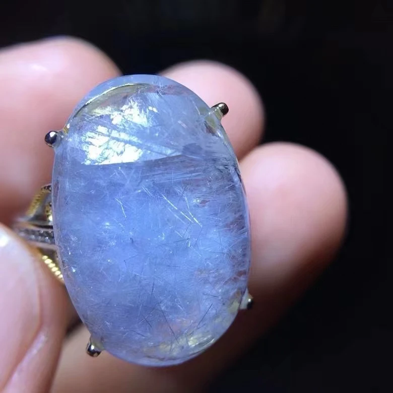 Natural Blue Rutilated Dumortierite Quartz Adjustable Ring Big Oval 21.8/14.5mm Woman Men Ring Jewelry AAAAAAA