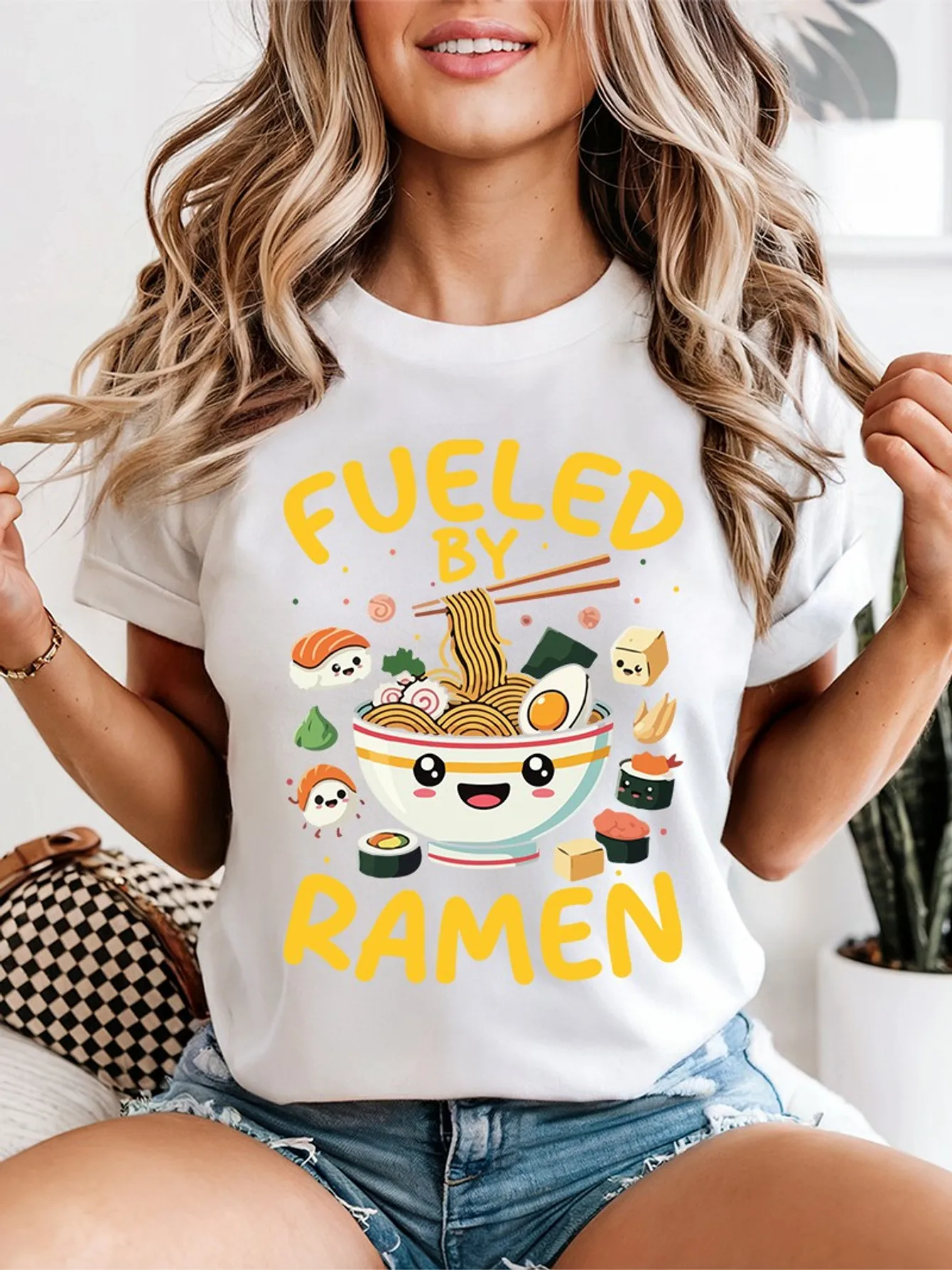 Cute Fueled By Ramen Cartoon Noodle Sushi Bowl Kawaii Art Print Graphic Ladies T Shirt Short Sleeve Crew Neck Casual Tee Tops