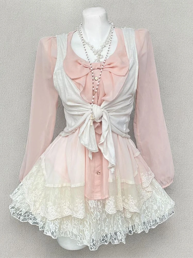 Vintage Fashion Subculture - 新しいヴィンテージ風和菓子柄レディース3点セット 長袖トップス＋シックなカーディガン＋ケーキスカート サブカルチャー エレガントファッションコーデ