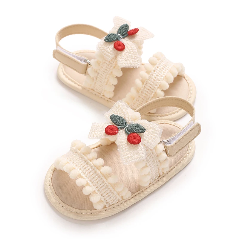Girls' summer sandals 0-12 months old, cute bow cherry decoration, soft sole, breathable, casual and comfortable