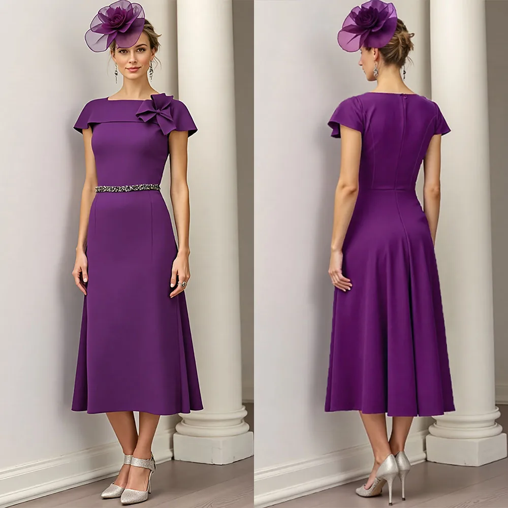 

High Quality Customize Strapless Tea Length Short Sleeves Beaded Belt Zipper Up Purple Grace Vestidos Para Bodas Mujer Invitada