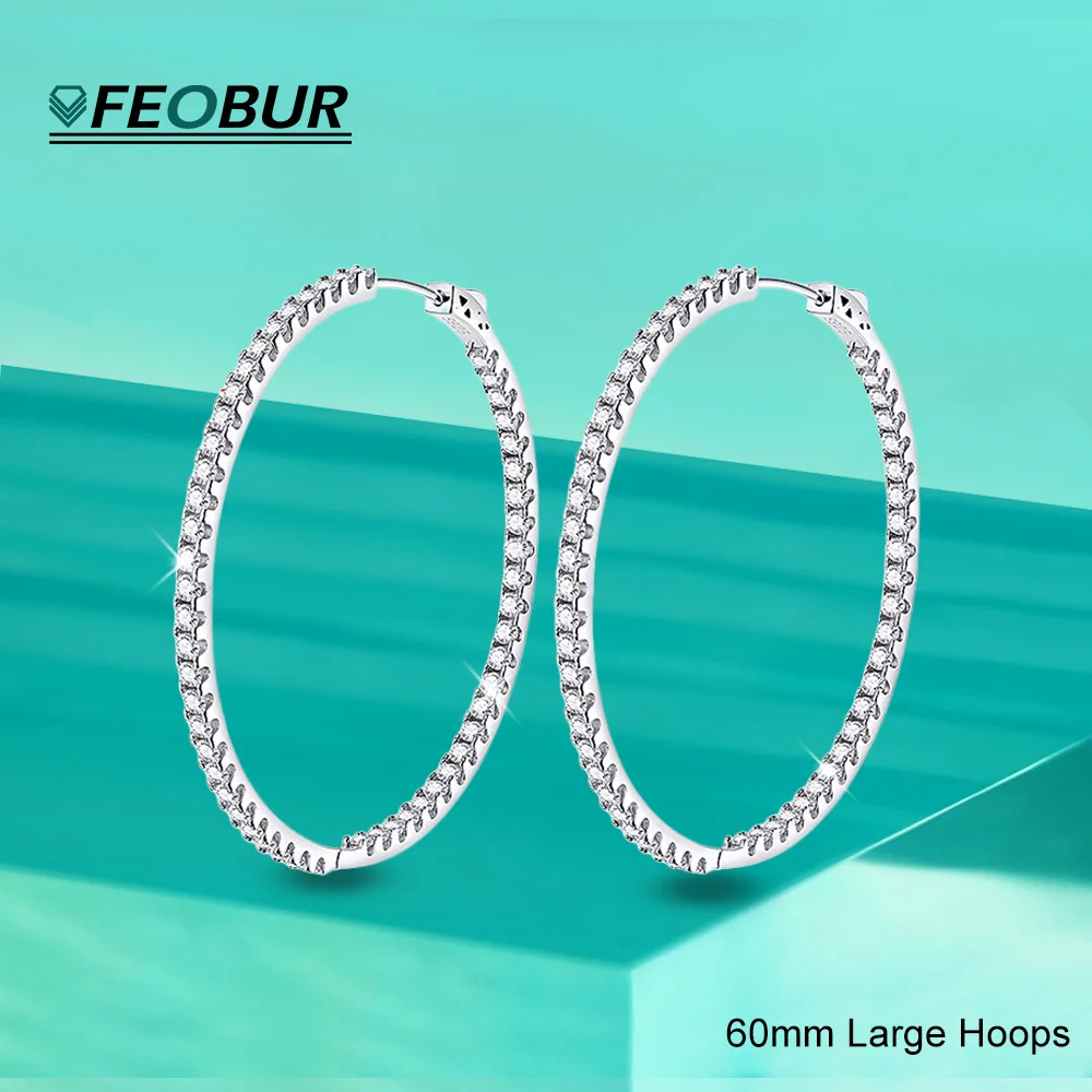 

FEOBUR 2.5mm Full Moissanite Hoop Earrings 60cm Large Circle for Women Solid 925 Silver Diamond Huge Hoops Trendy Jewelry Gift