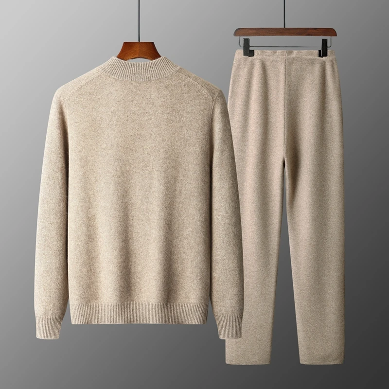 DjzDsm 100% Merino Wool Two-piece Men's Knitting Autumn Winter Thickened Slim-fit Pants Zipper Sweater Warm Suit