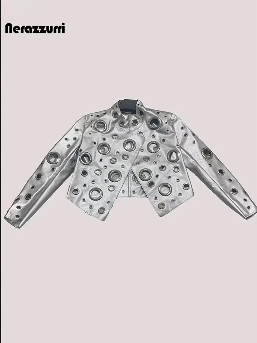 Nerazzurri Autumn Short Hollow Out Patchwork Short Pu Leather Jacket Women Plus Size Luxury Designer Punk Style Streetwear 5xl