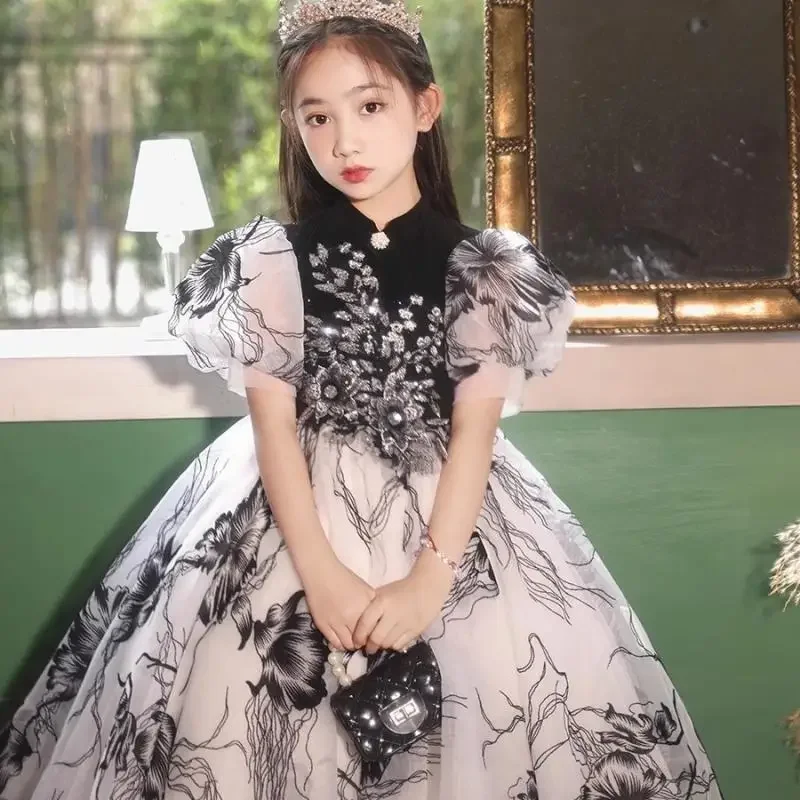 Girl Bubble Sleeves Princess Dress New Ink Painting Style Dresses Fashion Party Evening Gown Children Elegant Flower Frocks