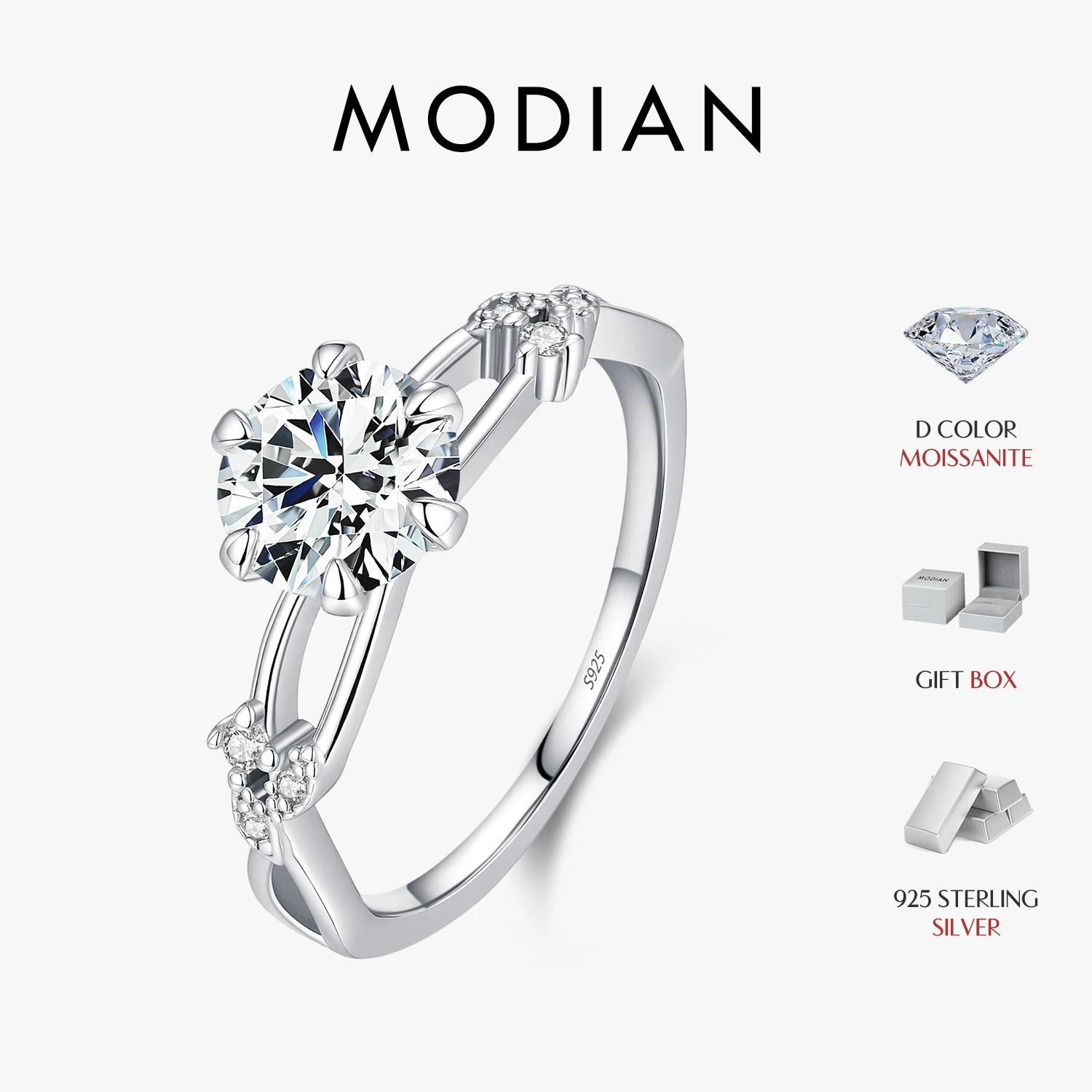 MODIAN 1 Carat D Color VVS1 Moissanite Ring 925 Sterling Silver Split Band Accent Wedding Engagement Ring Women Fine Jewellery