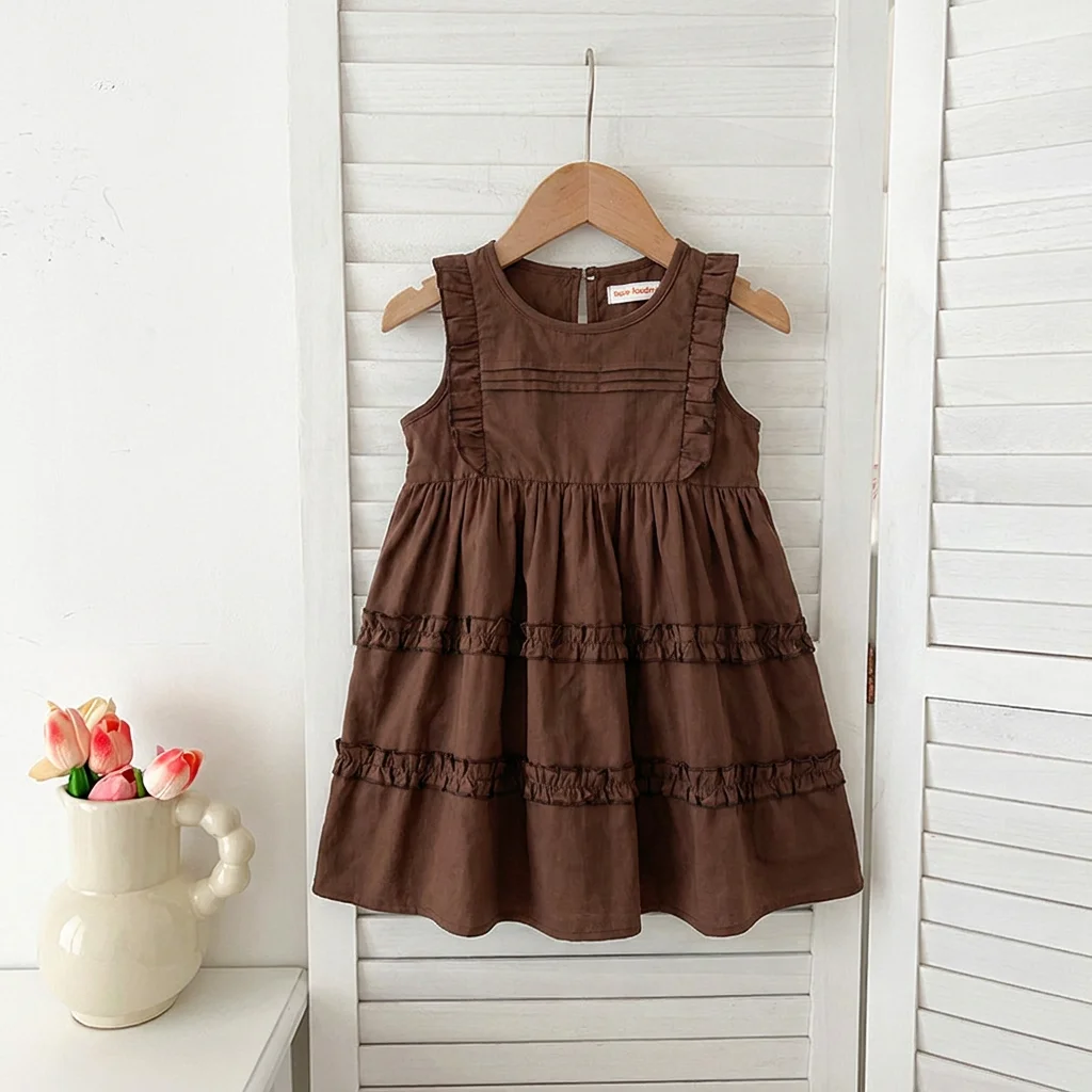 Sommerliches, lässiges, ärmelloses, plissiertes, braunes Kleid mit Rundhalsausschnitt für Mädchen im Alter von 3-7 Jahren, für den täglichen Gebrauch, koreanische Version.