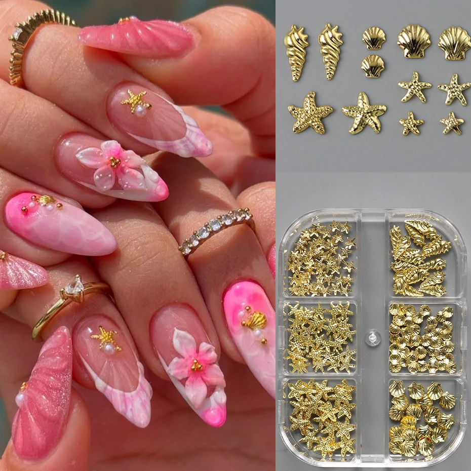 6Grids Golden Sea-Themed Studs Nail Art Charms Featuring Starfish, Ocean Shell, conches Mixed Designs Nail Rivets for Women DIY