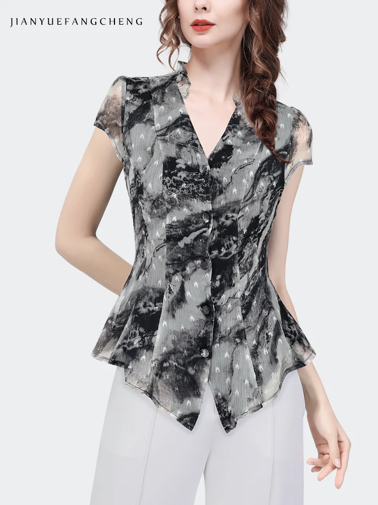 2024 Summer New Short sleeved Chiffon Blouse Women's Style V-neck Irregular Grey Printed Top Unique Slim Small Shirt