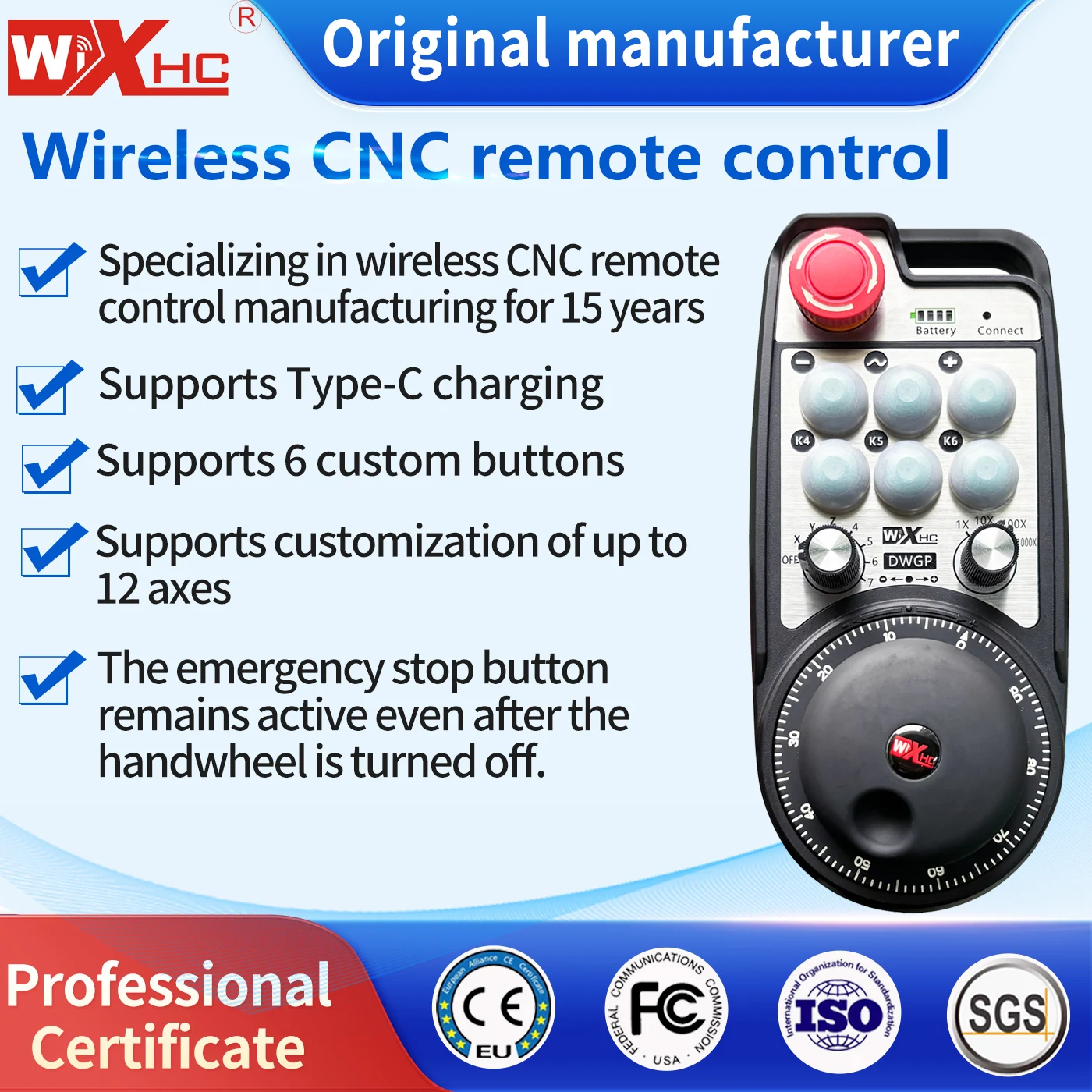

Xhc DWGP 6Axis CNC Wireless Mpg Handwheel 433Mhz Rechargeable Manual CNC Controller for Gantry Machine VMC LMC Machining Centre