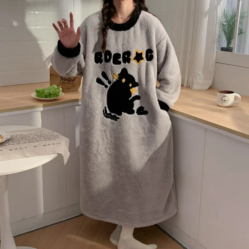 Large Size Coral Fleece Nightdress Women Winter Fleece-lined Thickened Pajamas Cartoon Flannel Home Clothe Can Be Worn Outsides