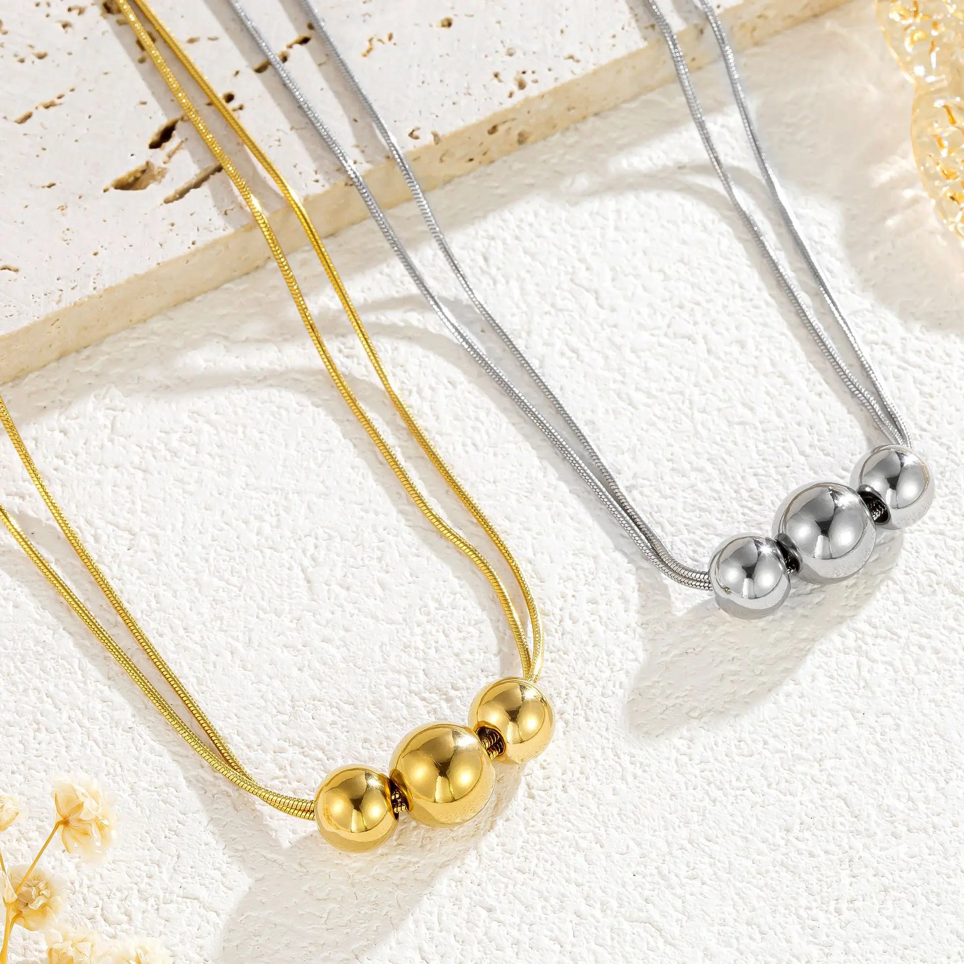 European and American 3pcs Ball Beads Pendant For Women Fashion Temperament Stainless Steel Snake Layered Chain Jewelry Gift