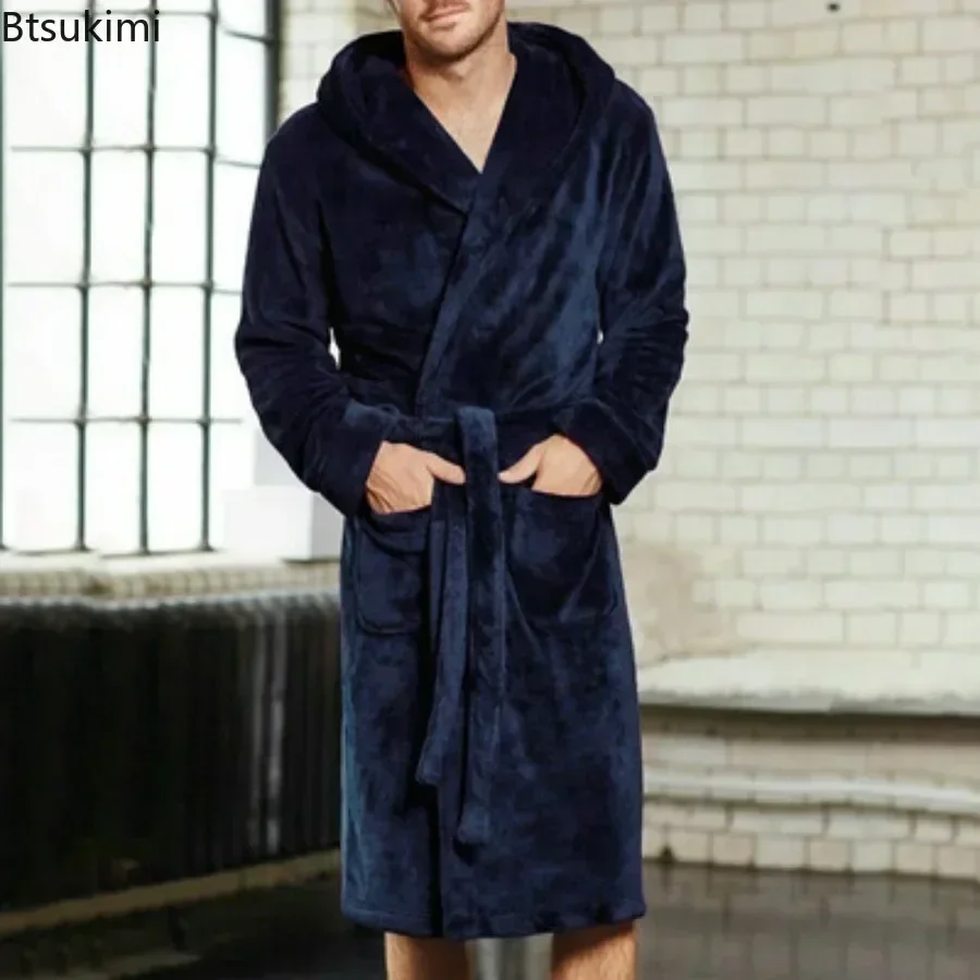 2025 Men's Warm Flannel Bathrobe Winter Casual Robes Sleepwear Long Sleeve Plush Shawl Male Bath Robe Lounge Nightgown Homewear