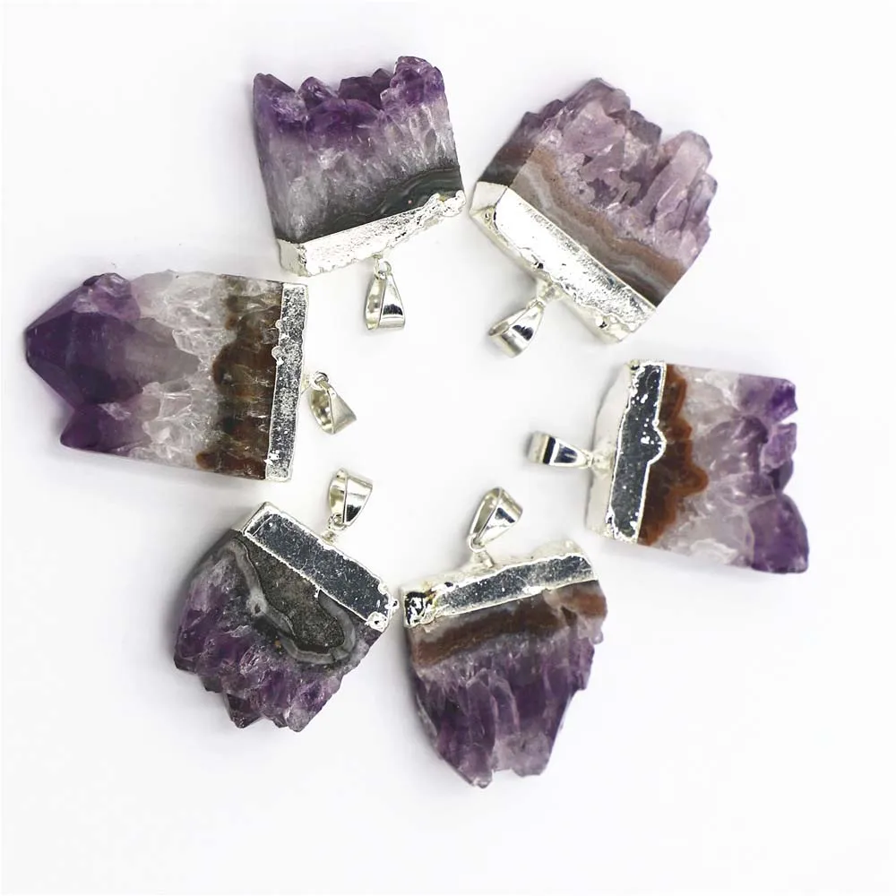 【 Free Shipping 】 Natural Amethyst Original Stone Pendant Irregular Strip Sliced Necklace DIY Fashion Jewelry Wholesale 5Pcs/Lot