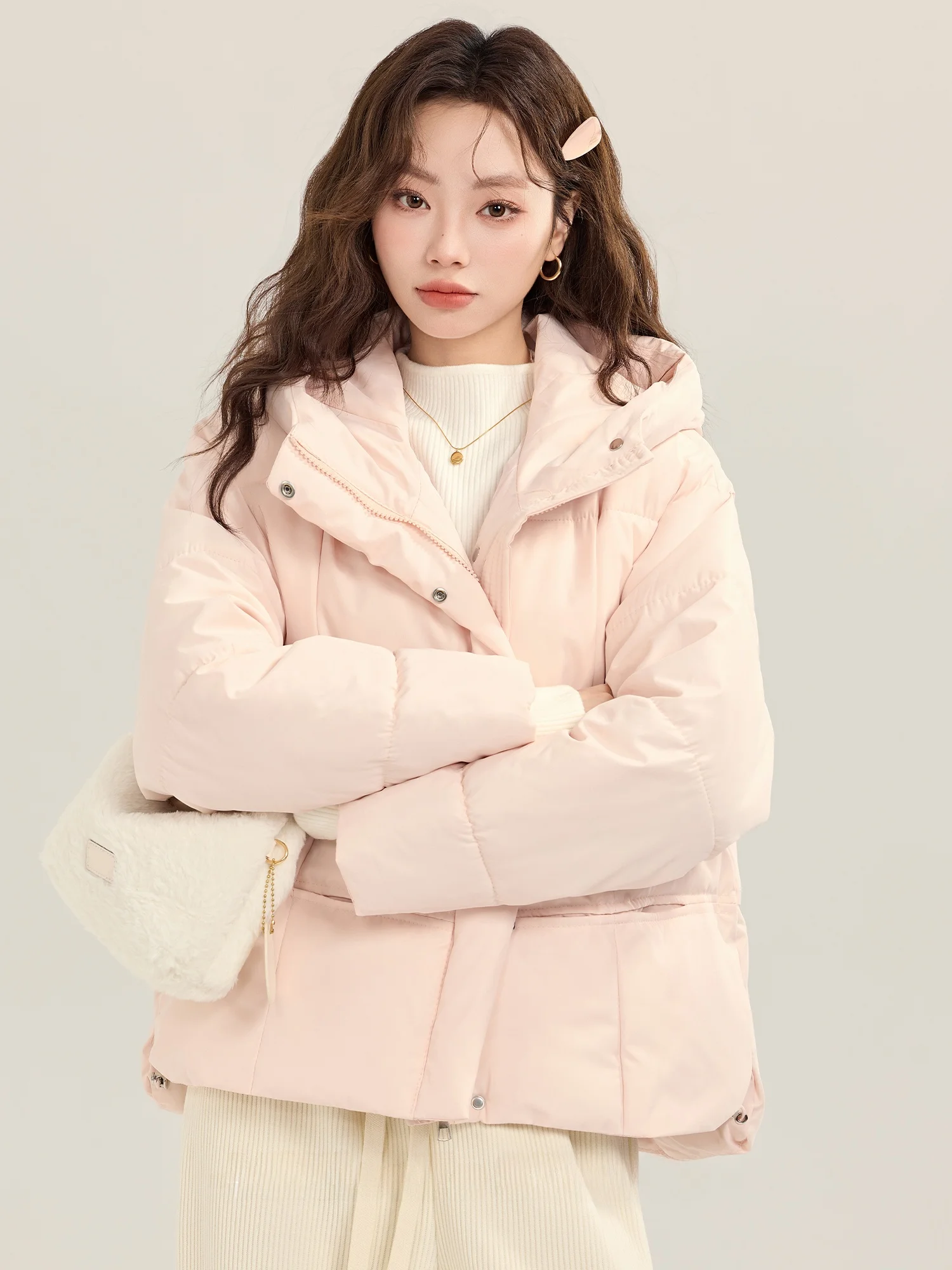 

Pink Thiened Cotton Jaet Women's Faionable ort Sle Autumn Winter New 2025 Sweet Sle Loose Fit Hooded Zipper Closure