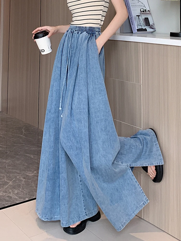 

2026 Elastic Waist Loose Fit Plus Size Women Jeans Slimming Wide Leg Ground Length Simple Casual Pants Spring XJ791