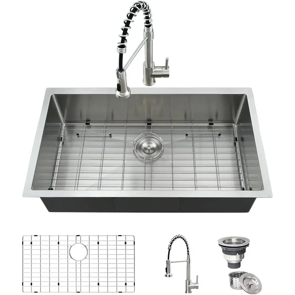 

33 Undermount Stainless Steel Kitchen Sink with Faucet Combo - 33x19 Deep Single Bowl