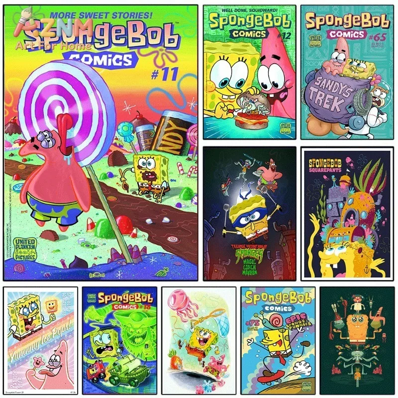 SpongeBob SquarePants Comic Canvas Poster Funny Cartoon Unframed Wall Print Retro Comic Style Dorm Room Home Wall Decor Gift