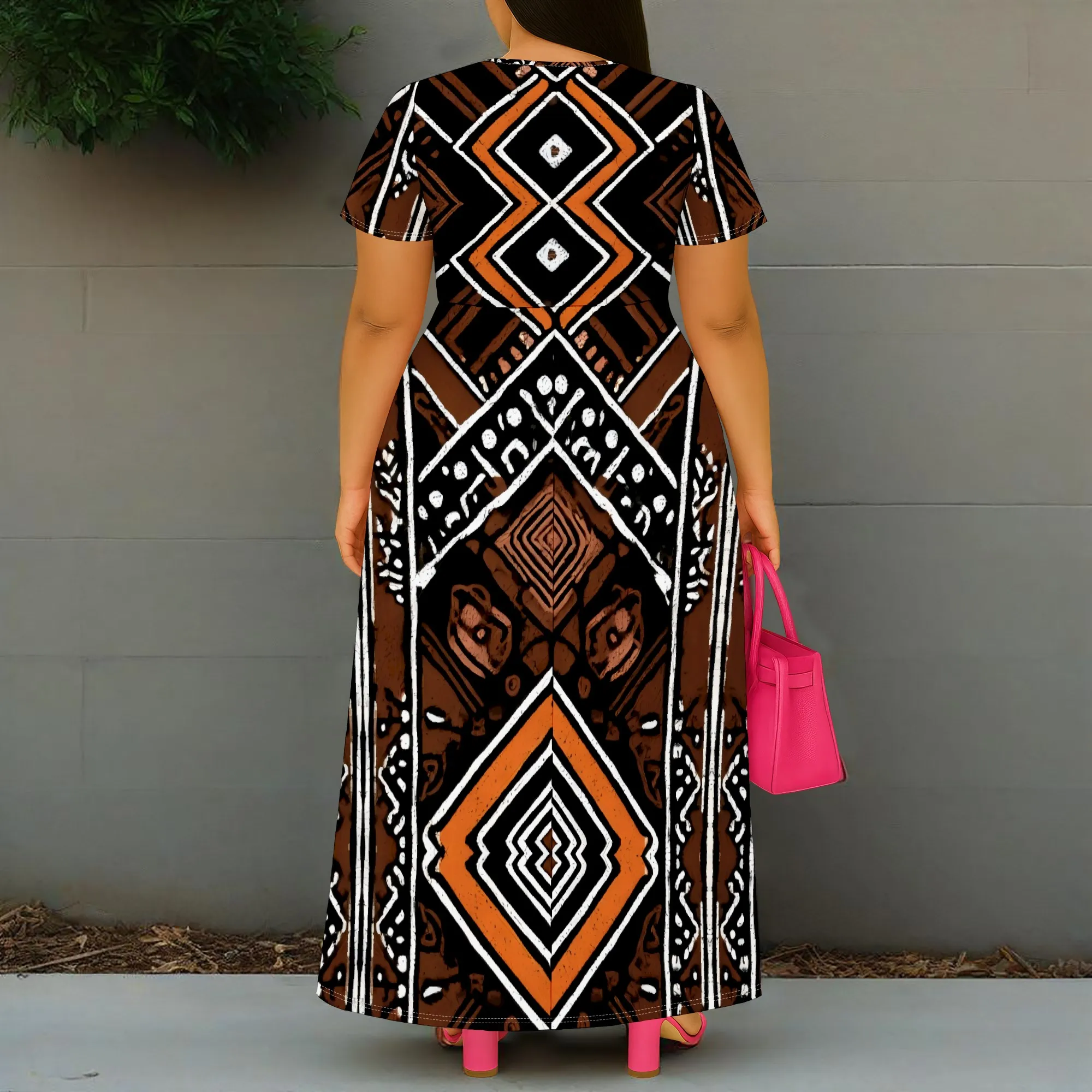 Tribal Geometric Print Dress XL-6XL V-Neck Short Sleeve Slit Maxi Style for Heritage Day, Afro Party or Cultural Fest Look
