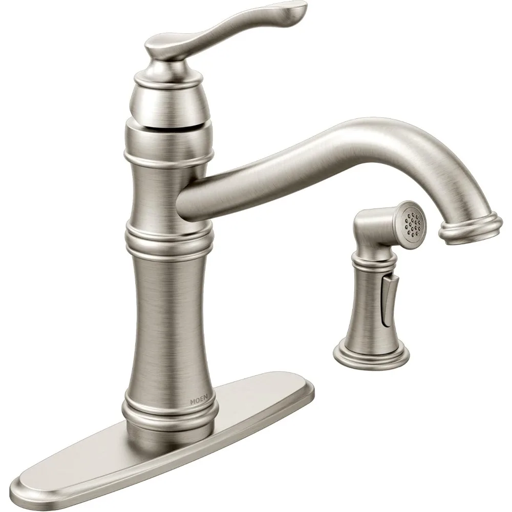 

Moen Belfield Stainless Steel Traditional Single Handle High Arc Kitchen Faucet with Side Spray and Optional Deck Plate Included