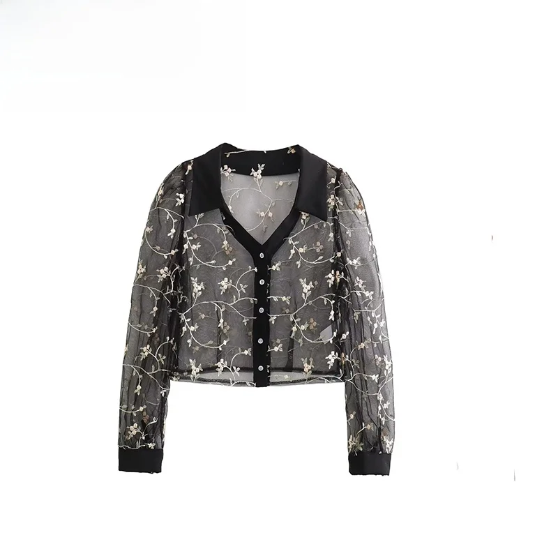 

ZBZA Spring New Women's Faion Design See-tough irt Top Polyester Fiber Long Sve V-ne Straight Cut Floral Pattern