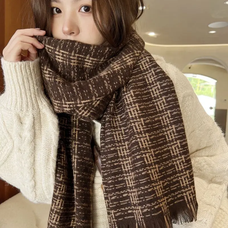 Warm ImitationCashmere Neck Tie Scarf for Women Plaid Neckerchief Knitted Scarfs Long Skinny  Scarves Bandana Female Foulard