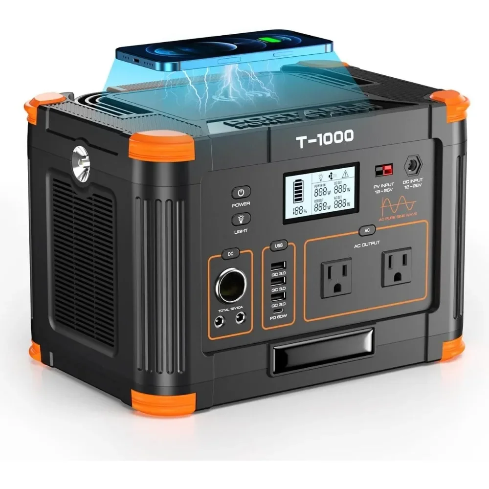 

Portable Power Station 1000W (Peak 2000W), 999Wh Solar Generator with 60W USB-C PD Output, 110V Pure Sine Wave AC Outlet