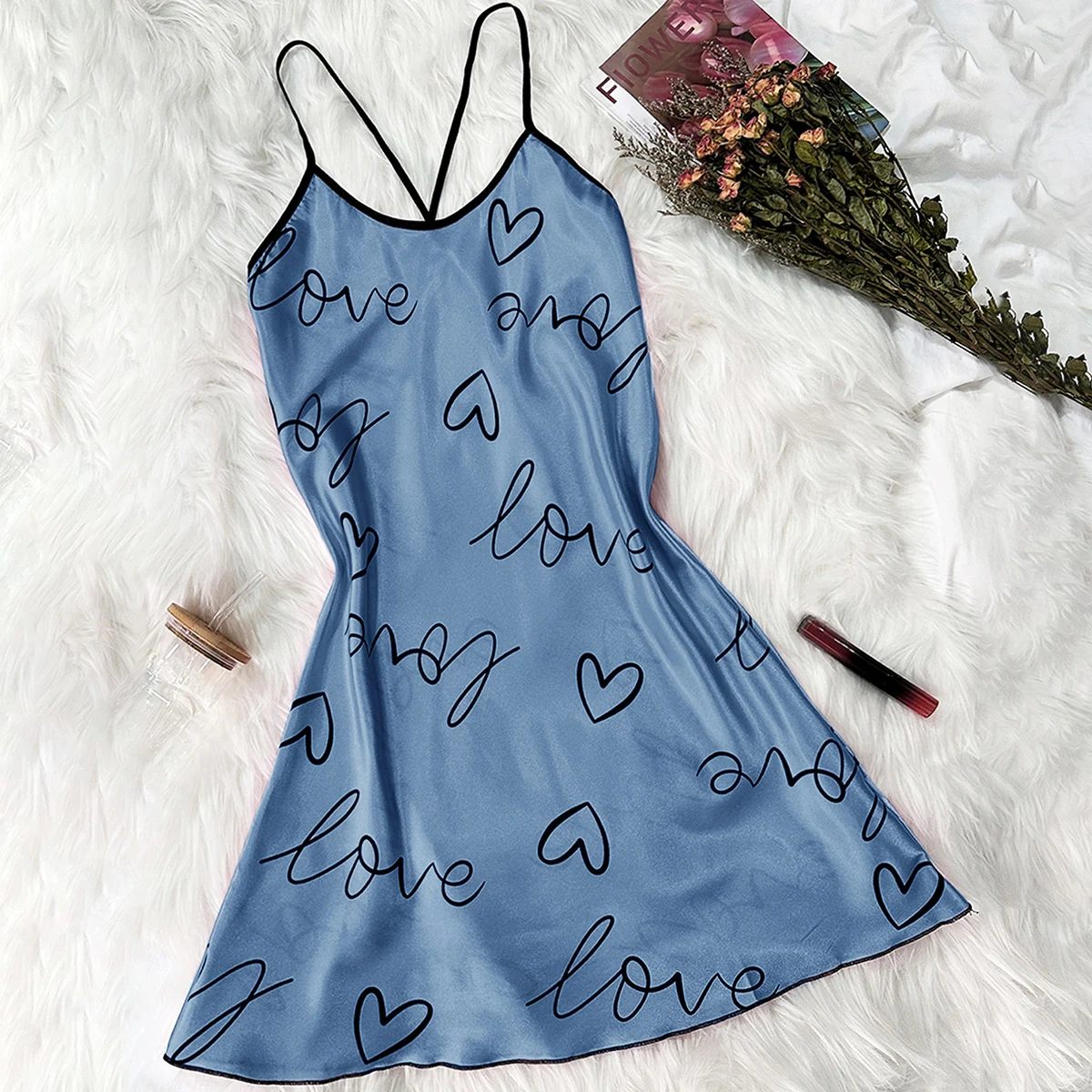 Summer New Ice Silk Slip U-Neck Nightdress Mini Dresses Sexy Backless Pajama Women\'s Pajama Thin Breathable Print Slip Dress