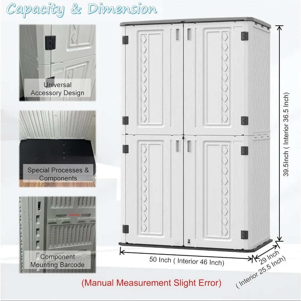 Cobertizo de almacenamiento vertical de resina, gabinete de almacenamiento exterior de 52 pies cúbicos impermeable para jardín/patio/hogar/piscina, estantes personalizados