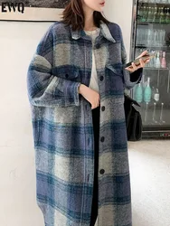 [EWQ] Korean Loose Long Sleeve Blue Plaid Woolen Coat  Single Breasted Warm And Thick Women Winter Overcoats 2024 Autumn 16O2474