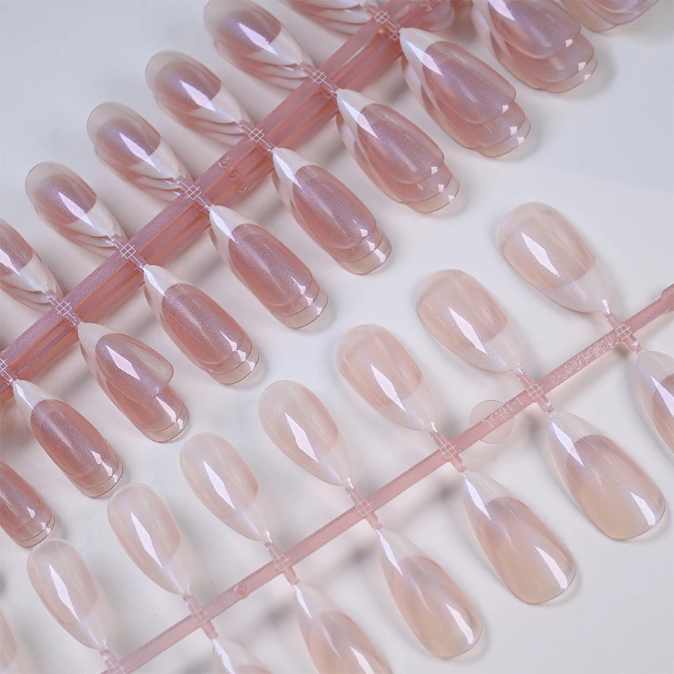 120pcs uñas postizas francesas perladas, cortas almendra, de cobertura total, borde blanco, 12 tallas, rosas 4
