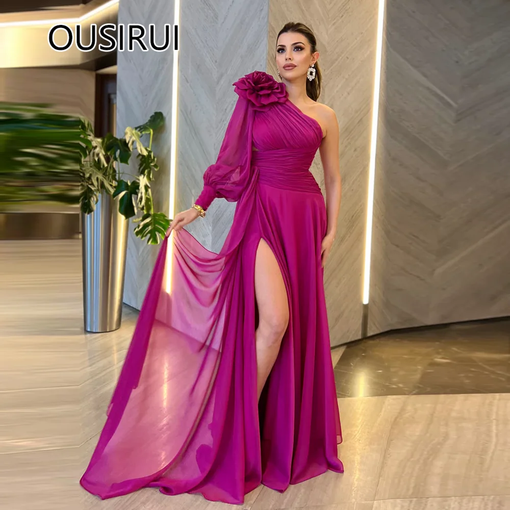 Chic One Shoulder Chiffon A-line Side Split Evening Saudi Arab Flowing Long Evening Bridal Dress with Floral Custom Made