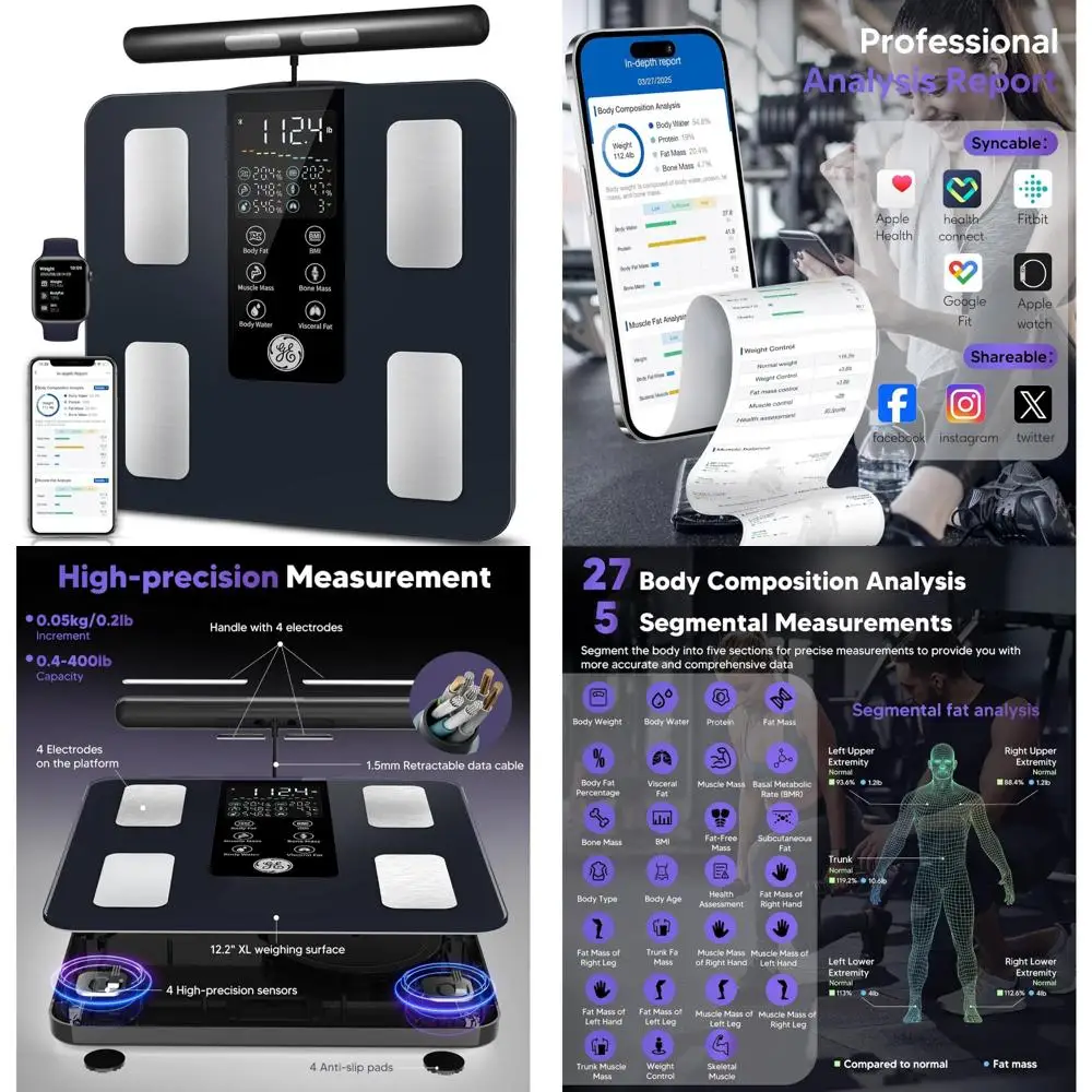 

Цифровые весы для ванной комнаты GE: 8-электродный анализатор состава тела для веса, жира, BMI, мышечной массы и многого другого