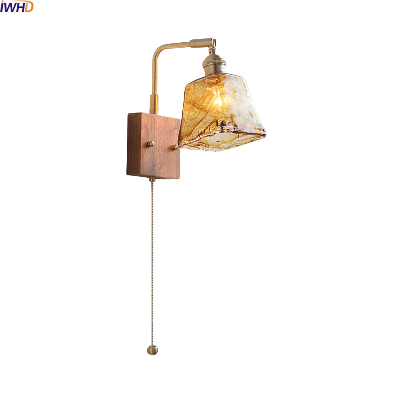 

IWHD Interior Decoration LED Wall Lamps With Switch Amber Glass Wood Luminaire Living Room Stair Light Fixture Lampara Pared