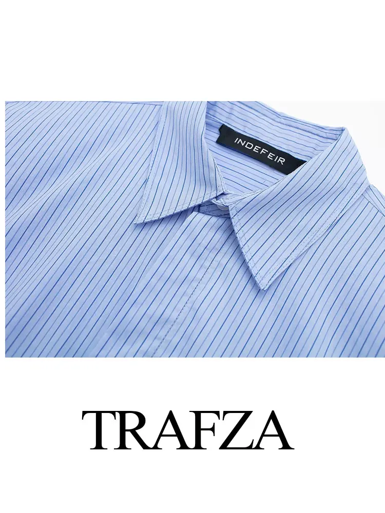 TRAFZA Fashion Women\'s Blue Striped Cropped Blouses Spring Summer 2024 Polo Collar Short Sleeve Shirt Top Elegant Woman Blouse