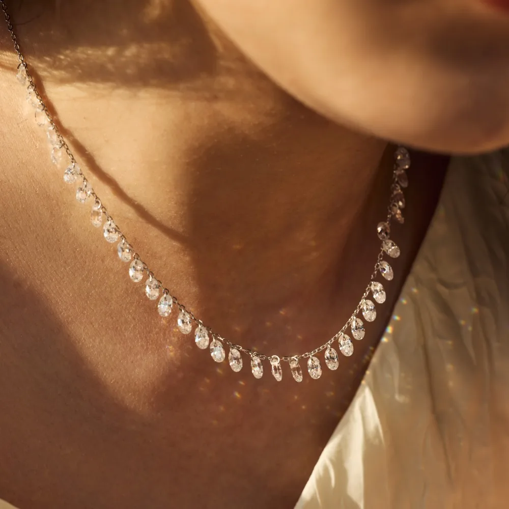 

CCFJOYAS 100% 925 Sterling Silver Single row of Oval Clear Zircons Necklace for Women Super fairy Stacking Clavicle Chain Gift