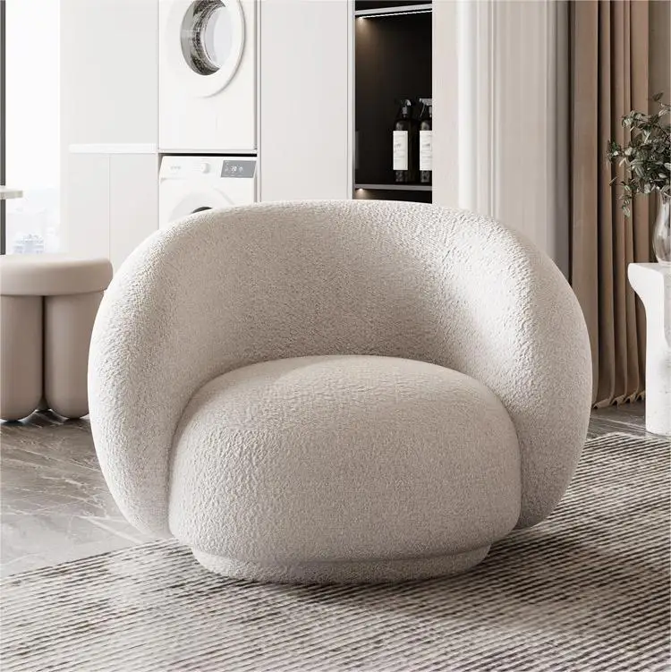 Lambswool Lazy Sofa Cream White Boucle Fabric Chair lamb wool Lounge accent Chair Single Sofa