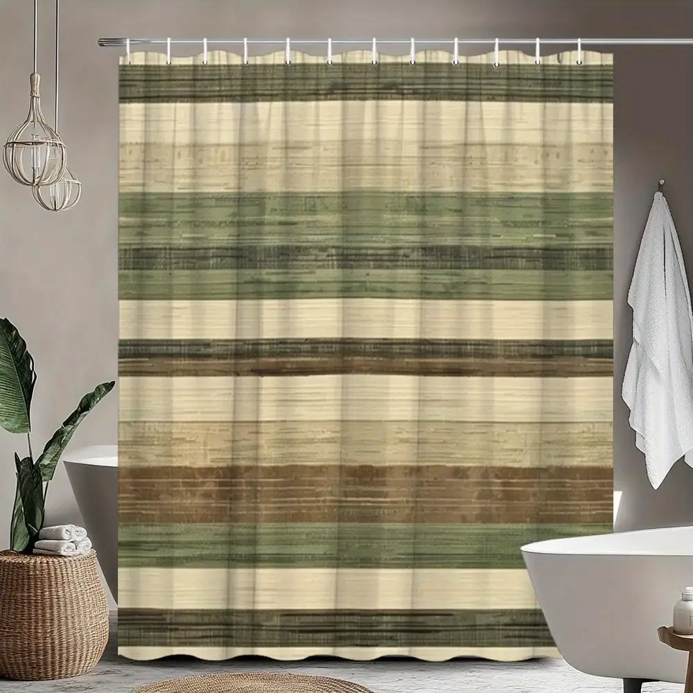 

Занавеска для душа с полосками землистых оттенков (бежевый, зеленый, коричневый), 1 шт., для современных ванных комнат. В комплекте 12 крючков.