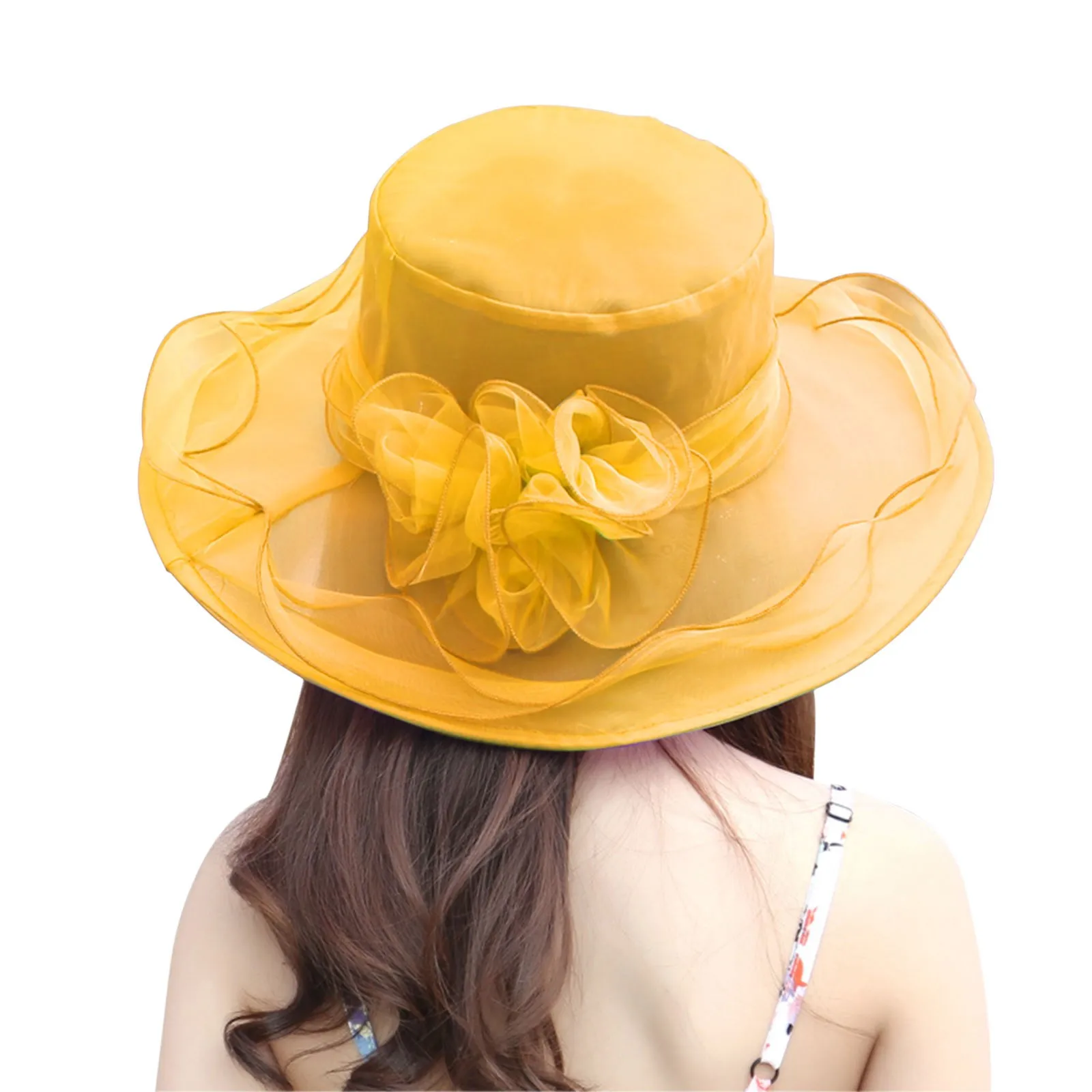 Women Organza Hat Flower Shade Seaside Beach Summer Sunshade Hat Solid Color Elegant Ladies Sun Hats