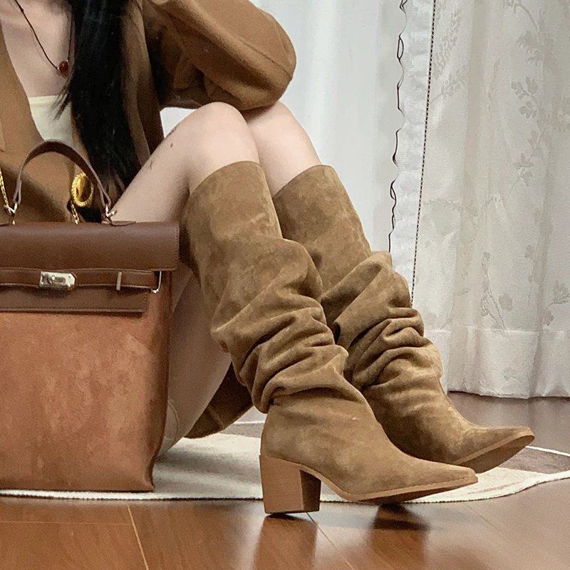 

Winter Street Style Round Toe Knee High Women Boots Punk High Heels Shoes Female Long Booties Zapatos De Mujer Genuine Leather